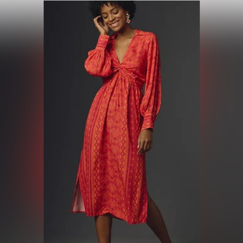 Farm Rio Long-Sleeve V-Neck Printed Tie-Front Midi Dress - Size XS, Pink Combo